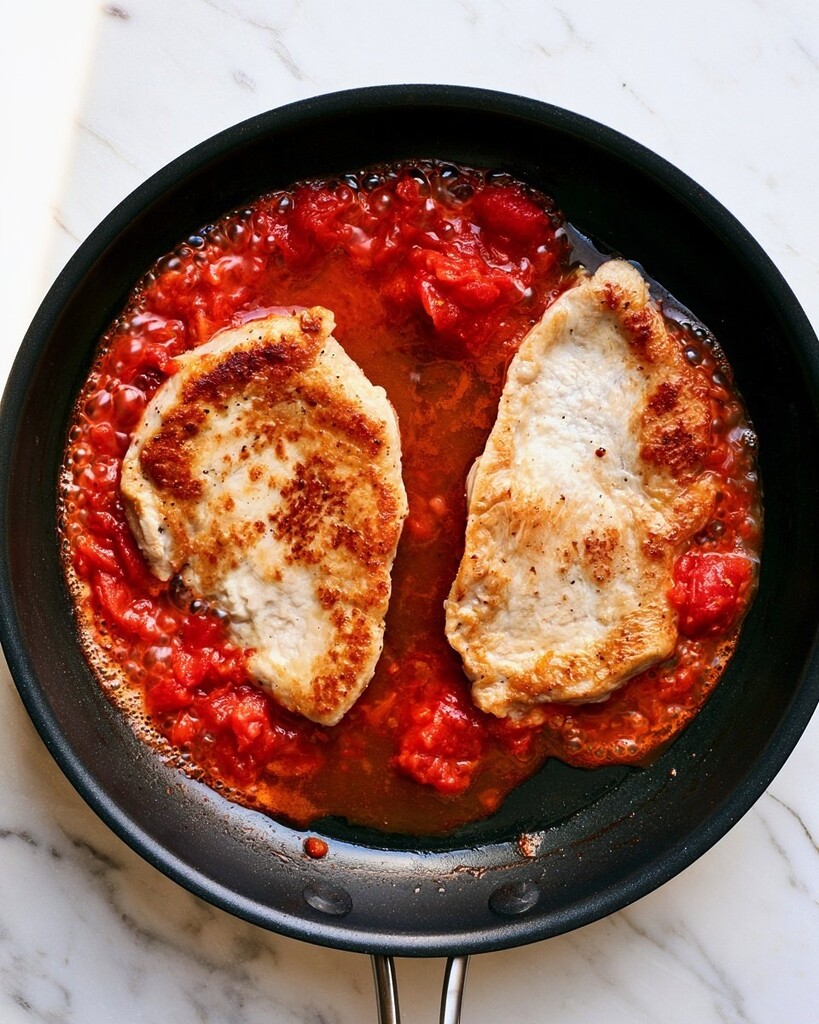 Seared chicken cutlets simmering inside a black skillet surrounded by thick red salsa