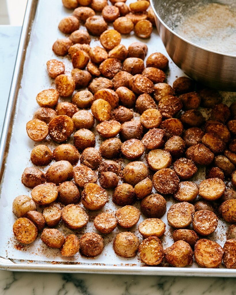 Halved baby potatoes roasted on a lined baking sheet with a golden parmesan crust