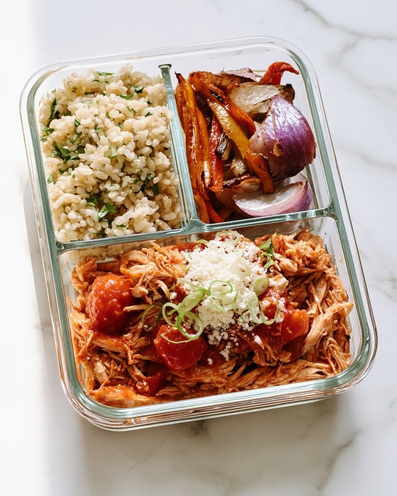 Divided glass meal prep container holding cilantro-lime rice, roasted peppers, and shredded salsa chicken