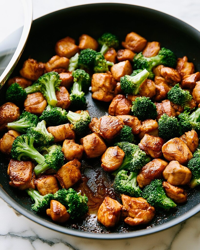 Browned chicken and green broccoli florets cooking together in a skillet