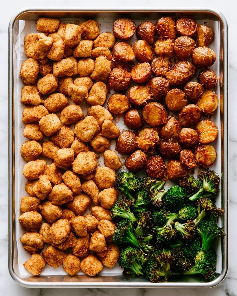 Golden chicken, crispy potatoes, and roasted broccoli arranged on a baking sheet ready for packing