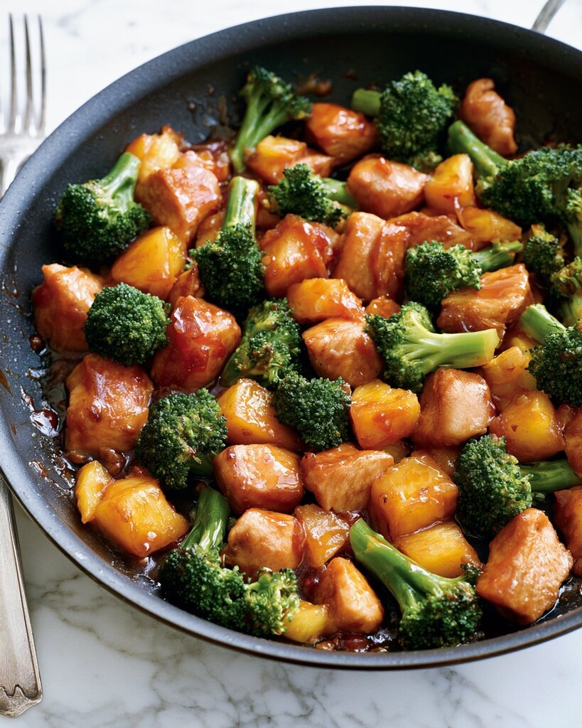 Browned chicken and green broccoli florets cooking together in a bowl