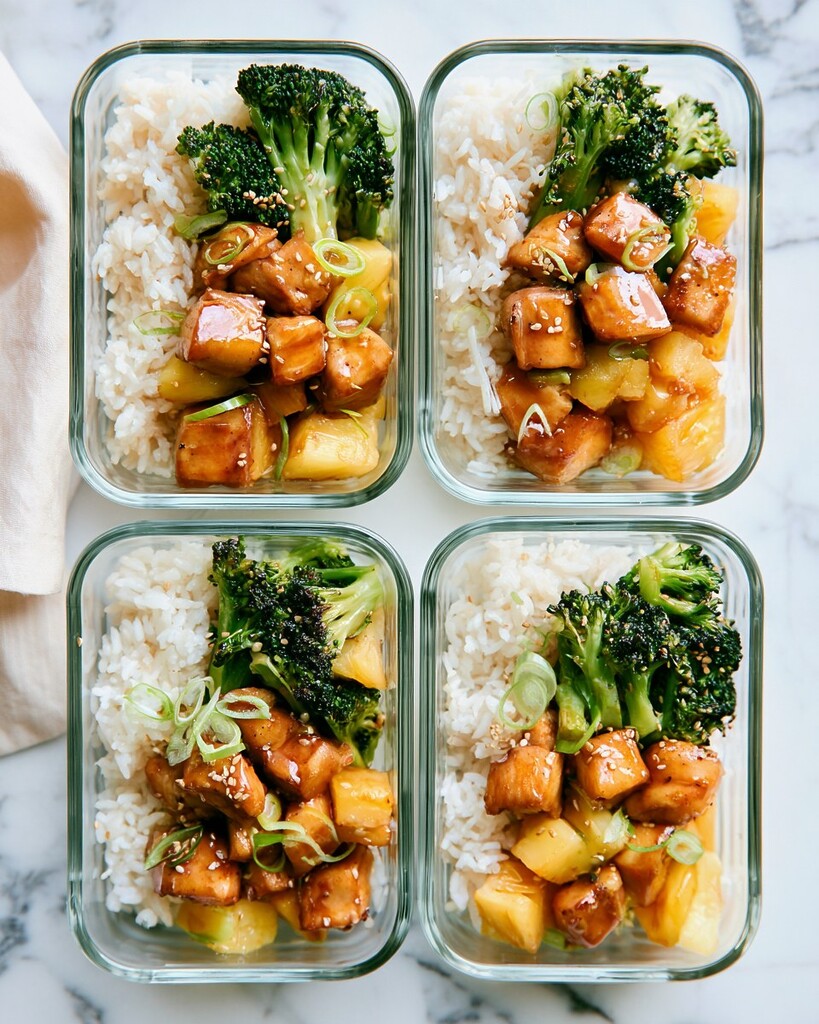 Four glass meal prep containers lined up with sweet chili chicken, broccoli, and white coconut rice