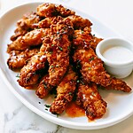 A stack of crispy chicken tenders coated in a glossy red glaze, topped with fresh chives, beside a bowl of white dipping sauce