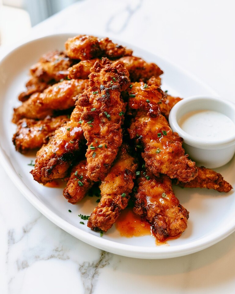 Sweet & Spicy Sticky Chicken Tenders Without a Fryer A stack of crispy chicken tenders coated in a glossy red glaze, topped with fresh chives, beside a bowl of white dipping sauce