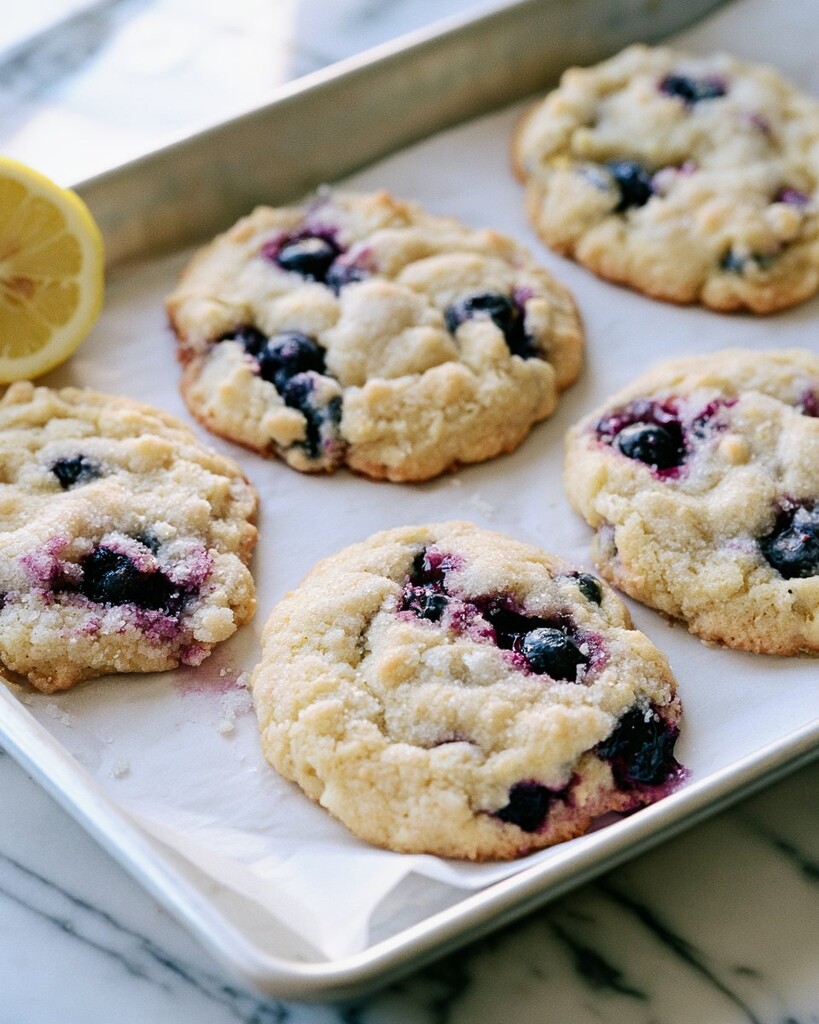Baked lemon blueberry cookies with light surfaces and golden edges resting on a parchment-lined pan