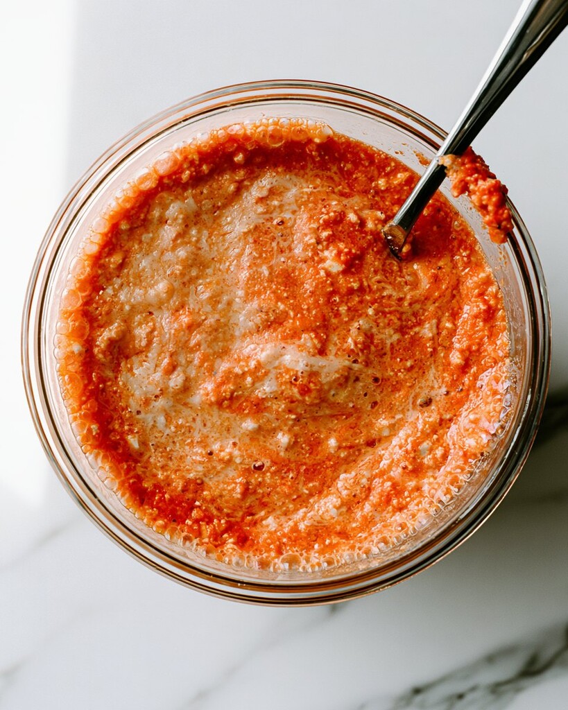 Hot and bubbling creamy orange cheese base inside a glass bowl