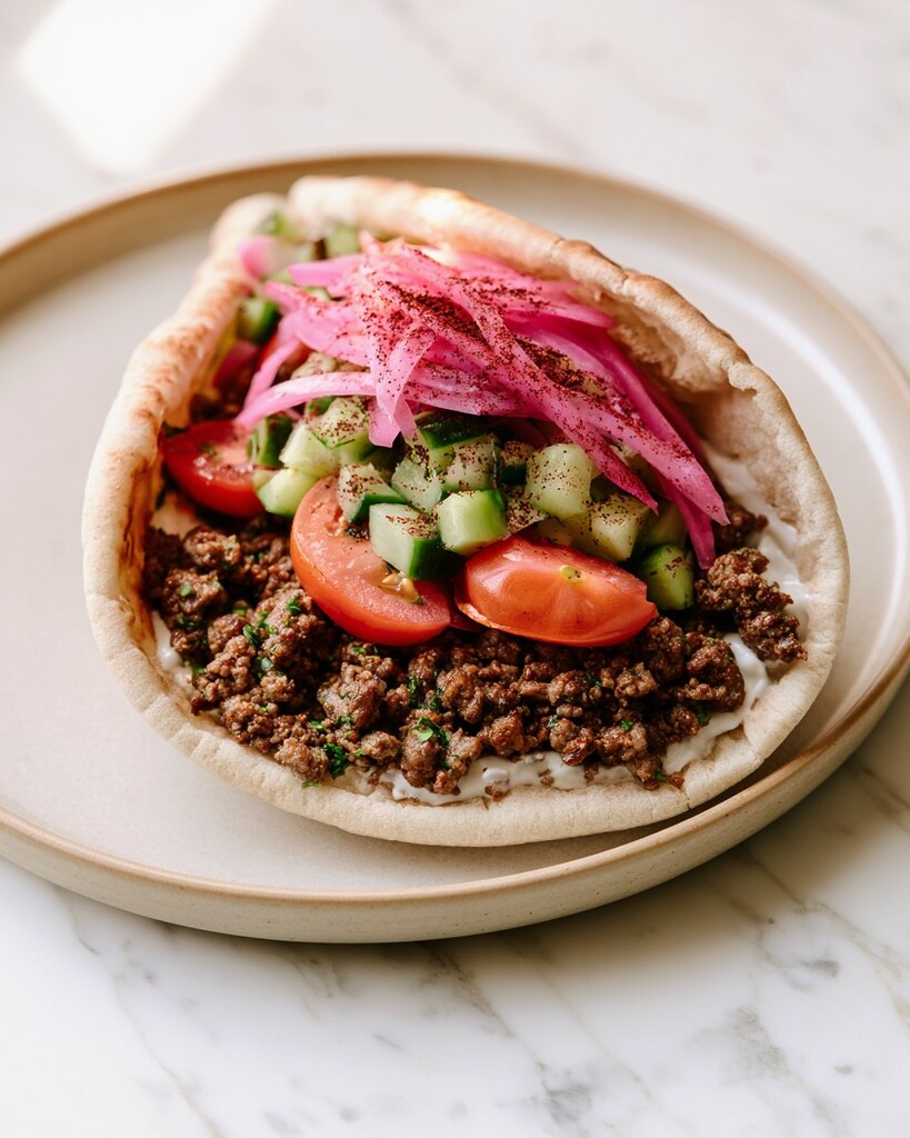 A close-up of a pita pocket being loaded with hot spiced beef over a layer of white yogurt