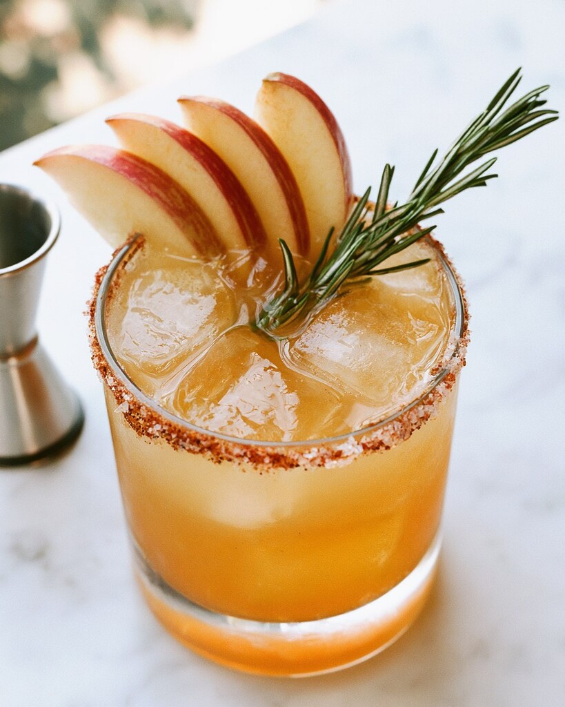 A finished amber margarita with a chili-spiced rim, fresh apple slices, and a rosemary sprig tucked into the ice