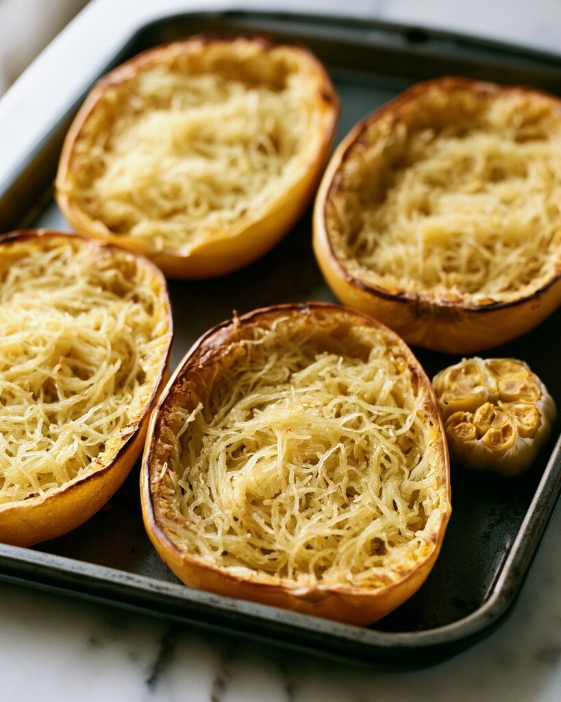 Golden roasted spaghetti squash halves on a baking sheet beside a foil-wrapped garlic head