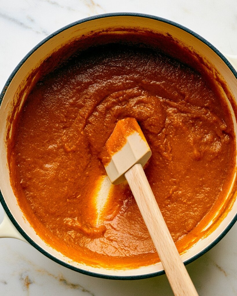 Thickened, dark brown roasted pumpkin butter in a baking dish after 45 minutes in the oven