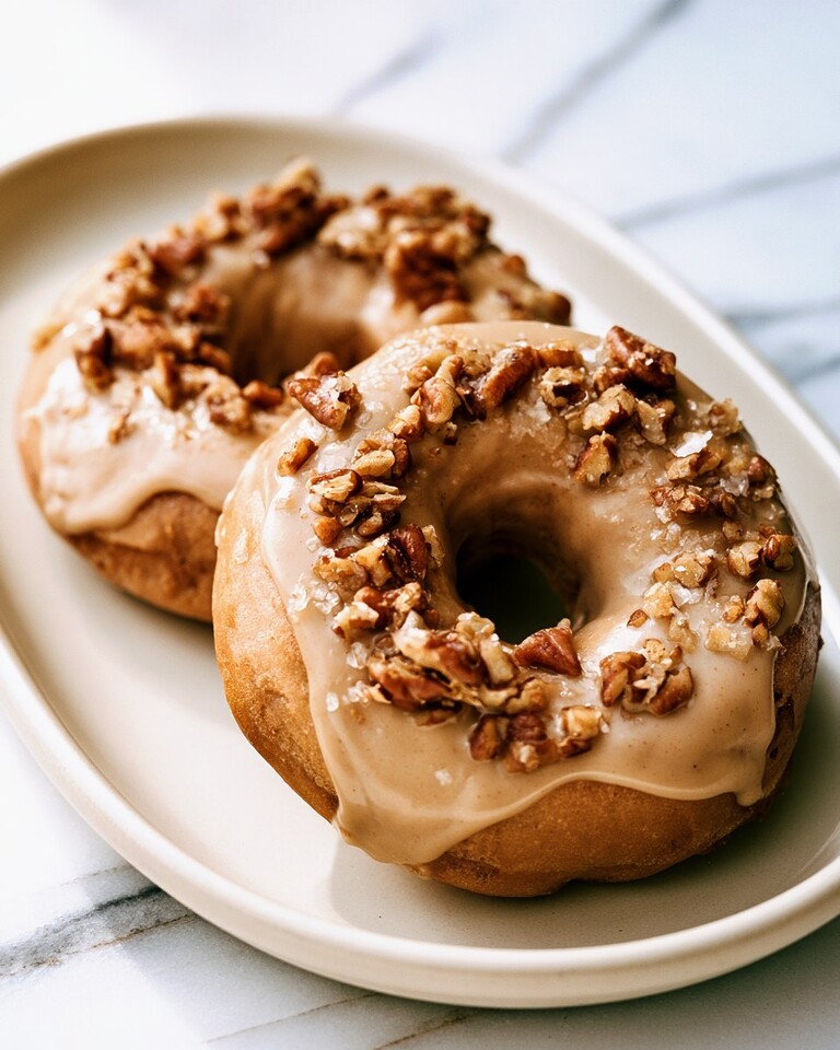 Baked Apple Cider Doughnuts with Browned Butter Glaze Close up of a glazed baked apple cider doughnut with creamy maple icing and chopped pecans on a light plate