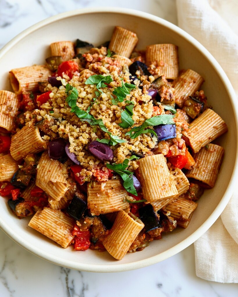 Deep bowl filled with roasted eggplant pasta, kalamata olives, and a thick layer of toasted panko
