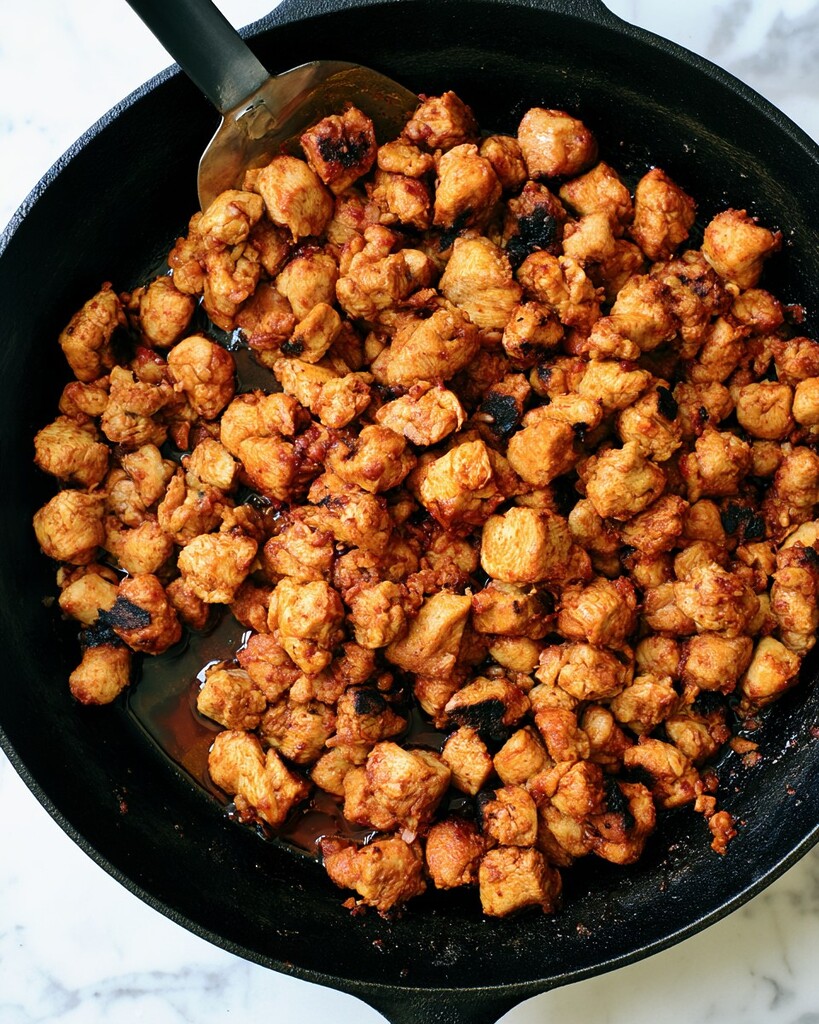 Boneless chicken tenders searing in a black cast-iron skillet with dark charred edges.