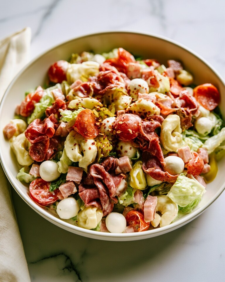 Italian Grinder Tortellini Salad with Creamy Herb Dressing Italian grinder tortellini salad served in a ceramic bowl with mozzarella, cured meats, and red pepper flakes