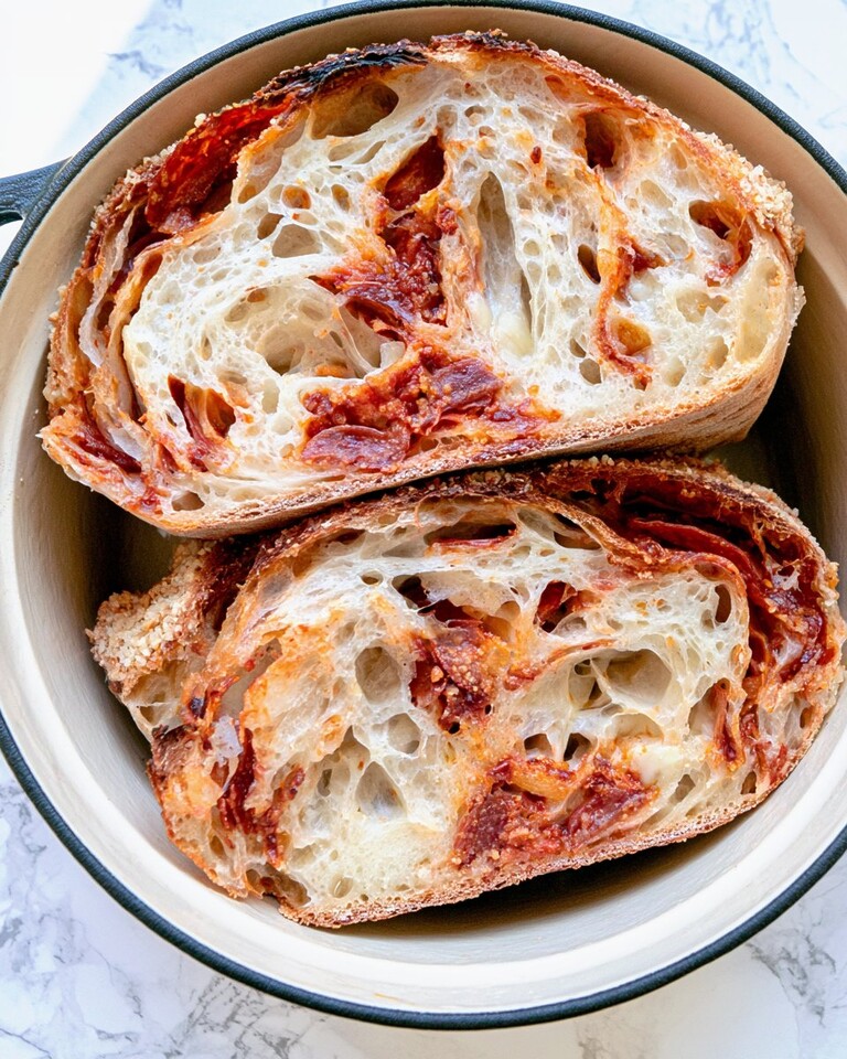 Parmesan-Crusted Pepperoni Pizza Sourdough Slices of pepperoni pizza sourdough bread in a deep dish showing an airy crumb and melted cheese pockets