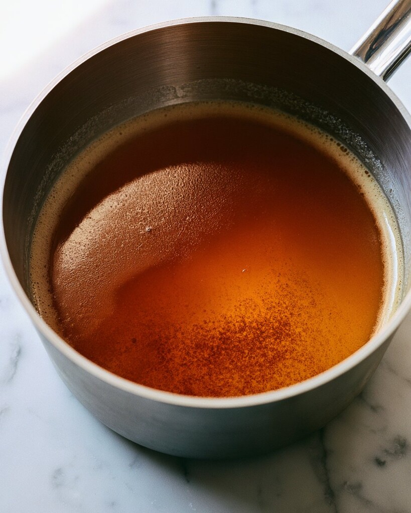 Dark amber browned butter with tiny dark brown specks in a metal saucepan