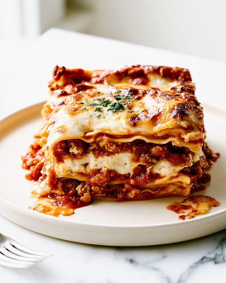 Million Dollar Lasagna with a Whipped Cheese Center A slice of baked lasagna on a white plate showing distinct layers and a golden cheese topping