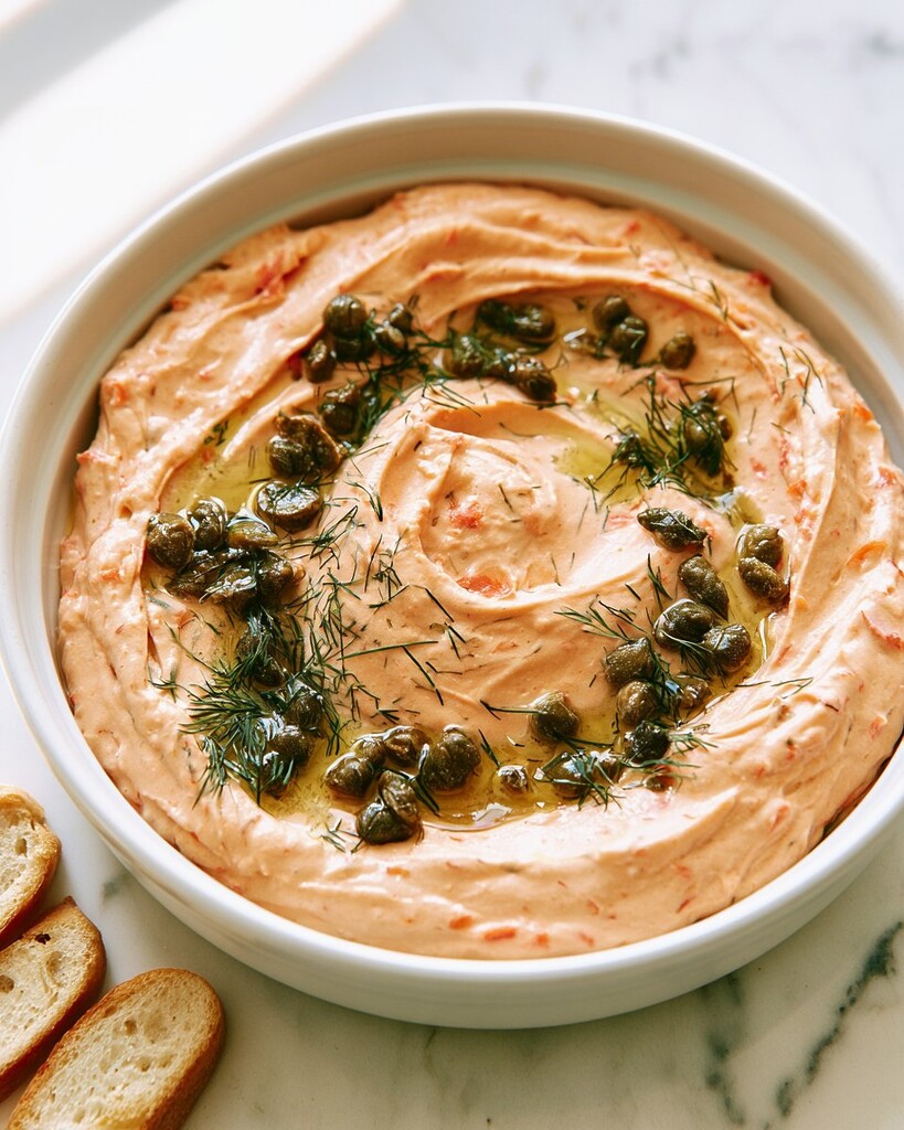 Smooth smoked salmon mousse in a white serving bowl topped with crispy capers, dill sprigs, and a drizzle of oil