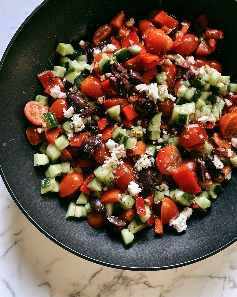 Chopped cucumbers, tomatoes, olives, and feta cheese mixed in a black bowl