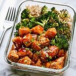 Close-up of a glass meal prep container showing sticky honey-sriracha chicken topped with sesame seeds next to roasted broccoli and brown rice