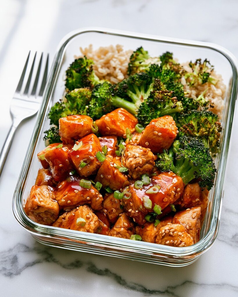 Close-up of a glass meal prep container showing sticky honey-sriracha chicken topped with sesame seeds next to roasted broccoli and brown rice