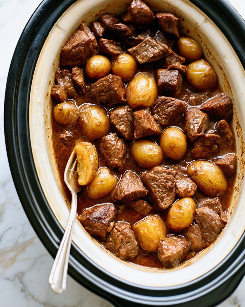 Seared steak and halved baby potatoes in a slow cooker insert coated in a savory brown broth