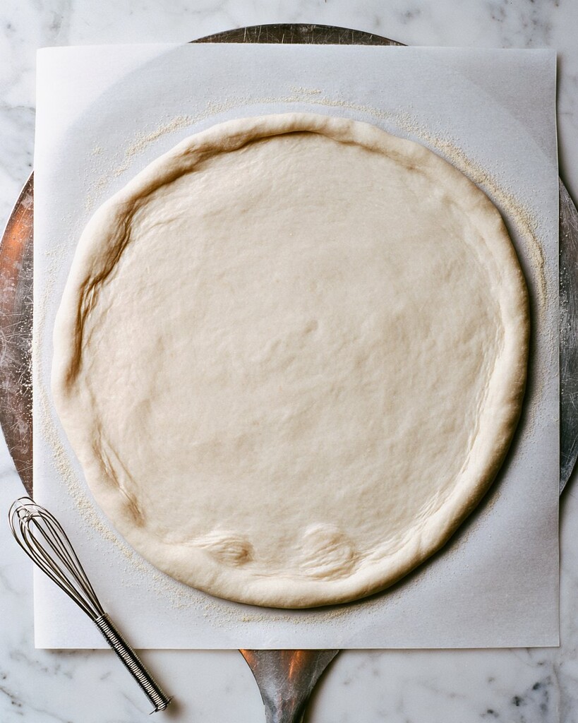 Pizza dough stretched into a large circle on paper over an inverted metal baking pan