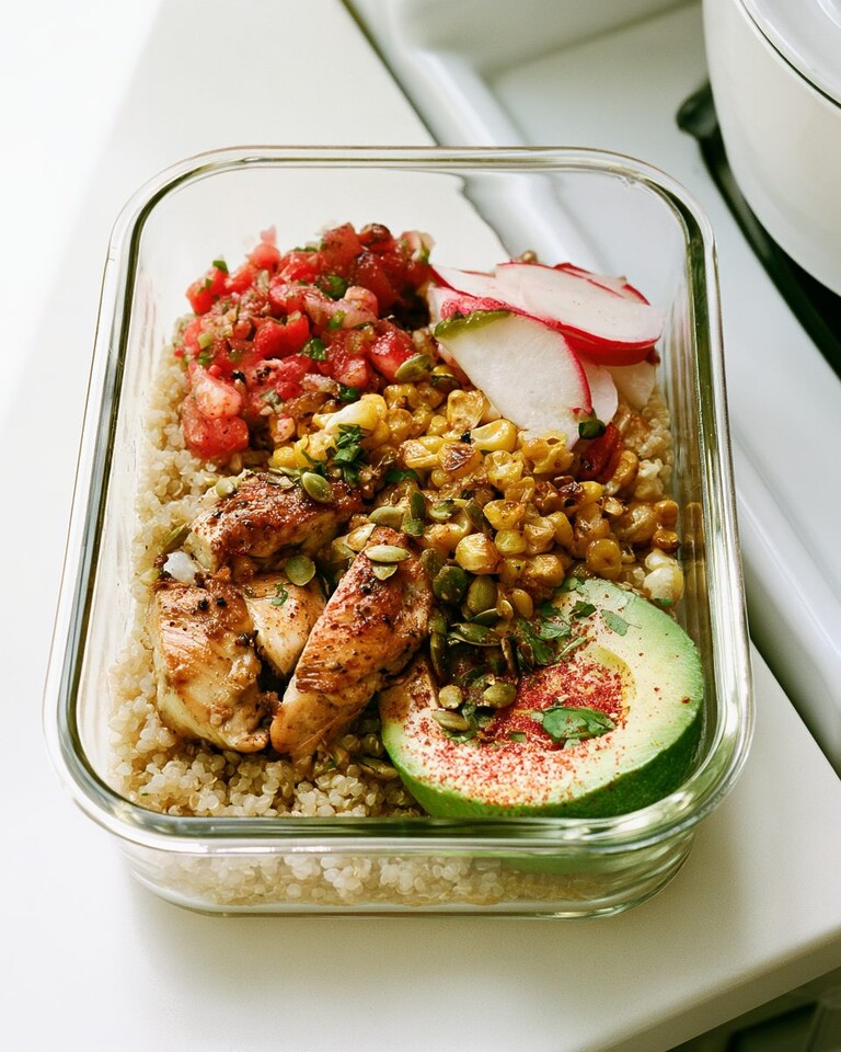 Chili-Lime Chicken Meal Prep Bowls That Stay Juicy Glass meal prep bowl with sliced chili-lime chicken, quinoa, corn, and half a spiced avocado with pumpkin seeds