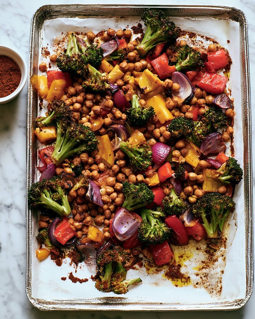 Baking sheet filled with roasted vegetables and chickpeas showing dark caramelized edges on the broccoli and peppers