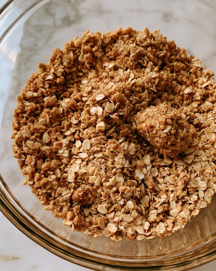 Crumb mixture in a glass bowl resembling damp sand with visible rolled oats