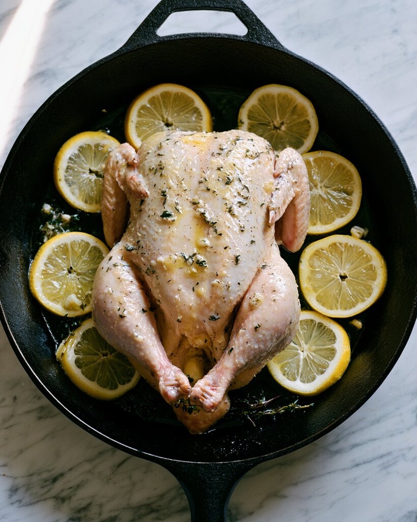 Raw whole chicken in a cast-iron skillet coated with herb butter and bordered by fresh lemon slices