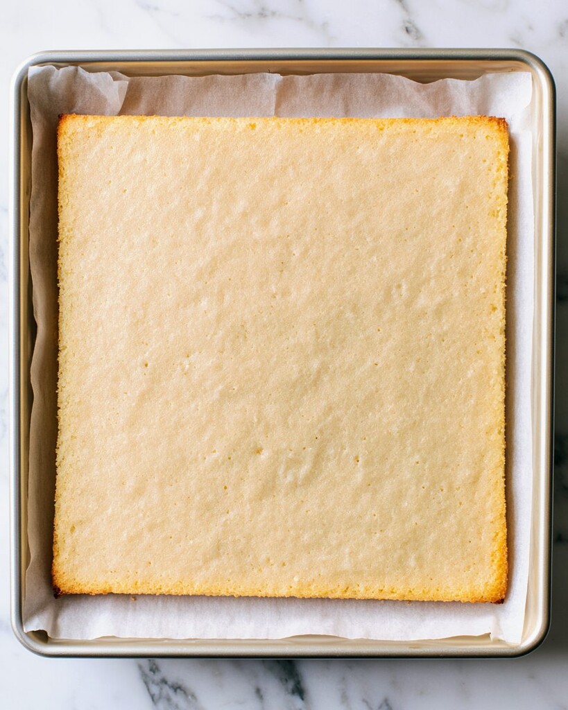 Pale golden par-baked shortcake crust in a parchment-lined square pan