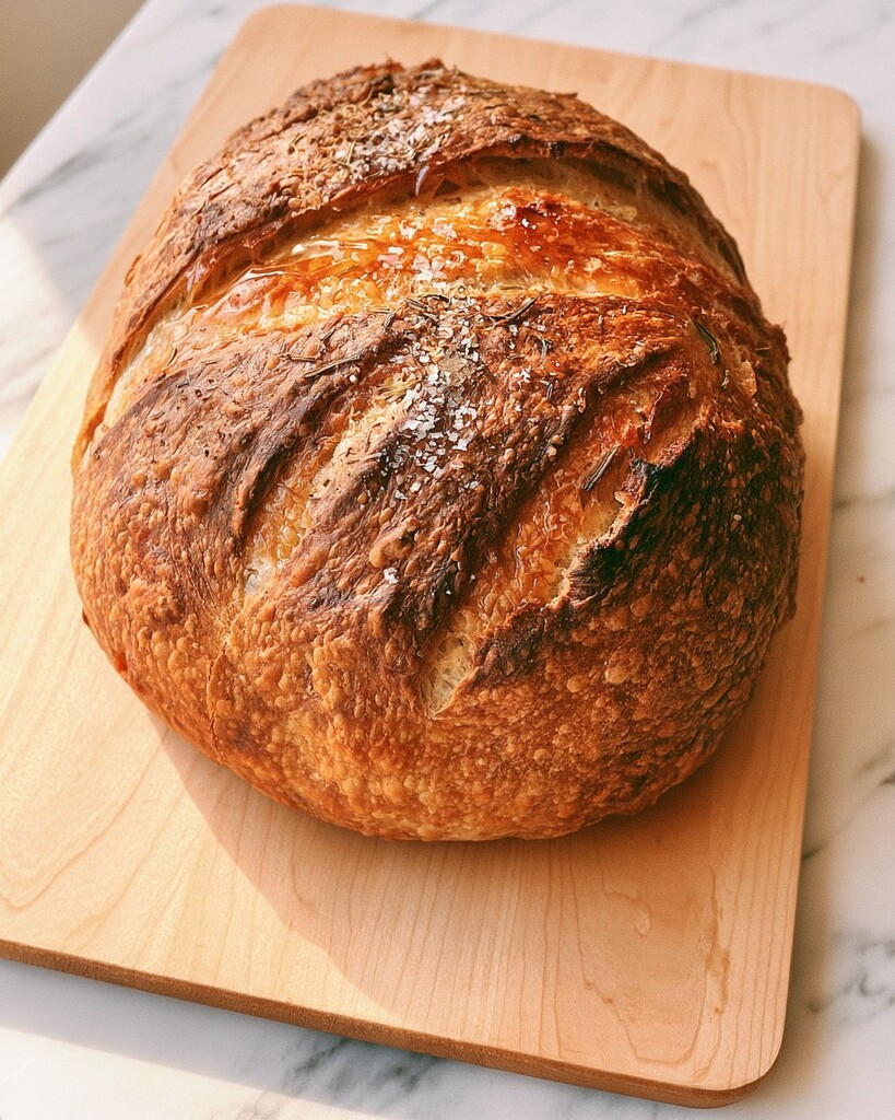 Whole baked roasted garlic bread with a dark crust on a wooden board sprinkled with sea salt