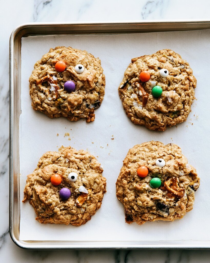 Four warm cookies resting on a parchment-lined baking sheet right after the oven