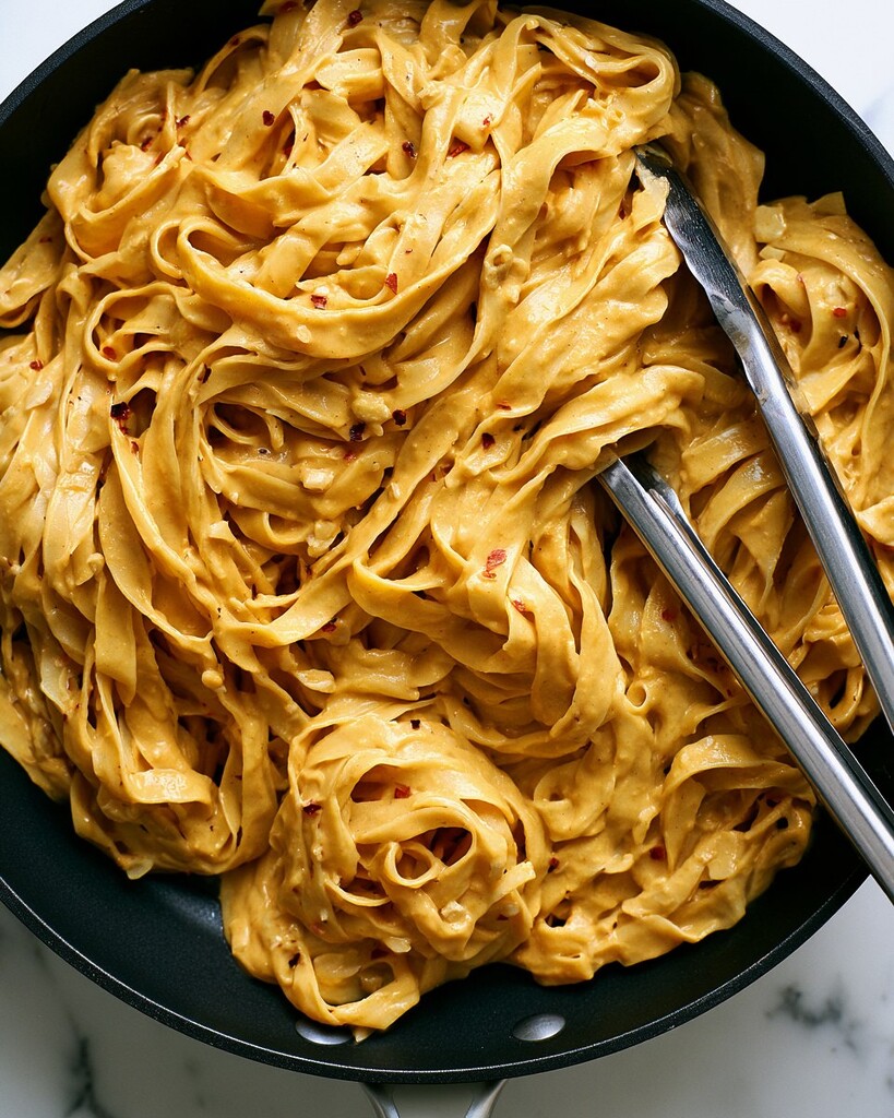 Tossing fettuccine strands inside a skillet with metal tongs