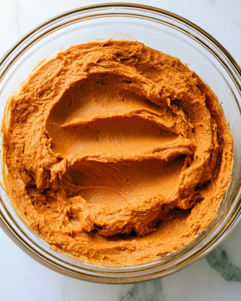 Thick bright orange pumpkin muffin batter mixed with brown butter in a glass bowl