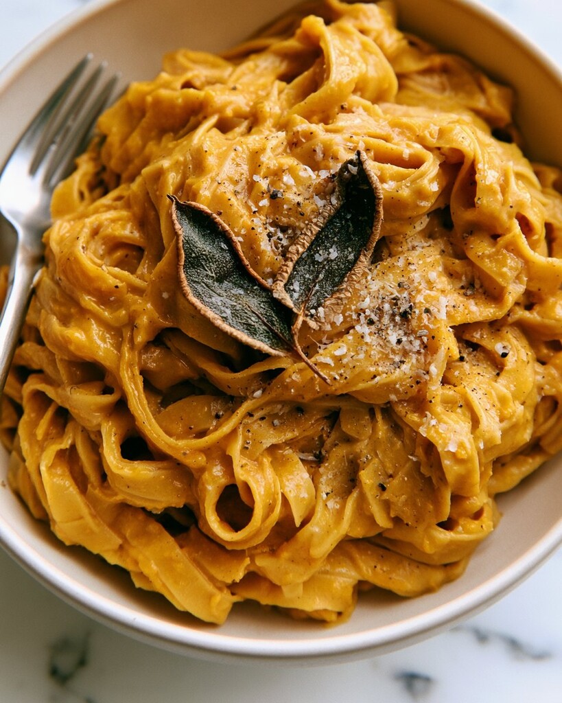 Close up of fettuccine coated in thick orange butternut alfredo with a crispy sage leaf on top