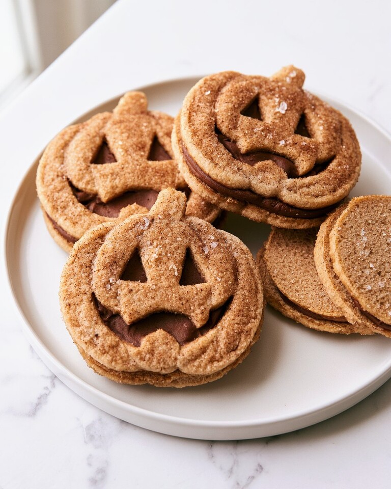 Salted Brown Butter Jack-O’-Lantern Sandwich Cookies Spiced jack-o-lantern sandwich cookies with a golden brown crust on a white plate