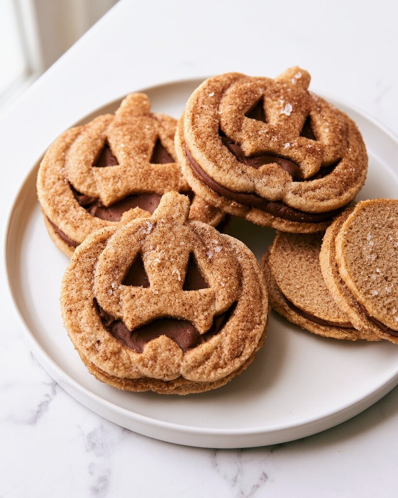 Spiced jack-o-lantern sandwich cookies with a golden brown crust on a white plate
