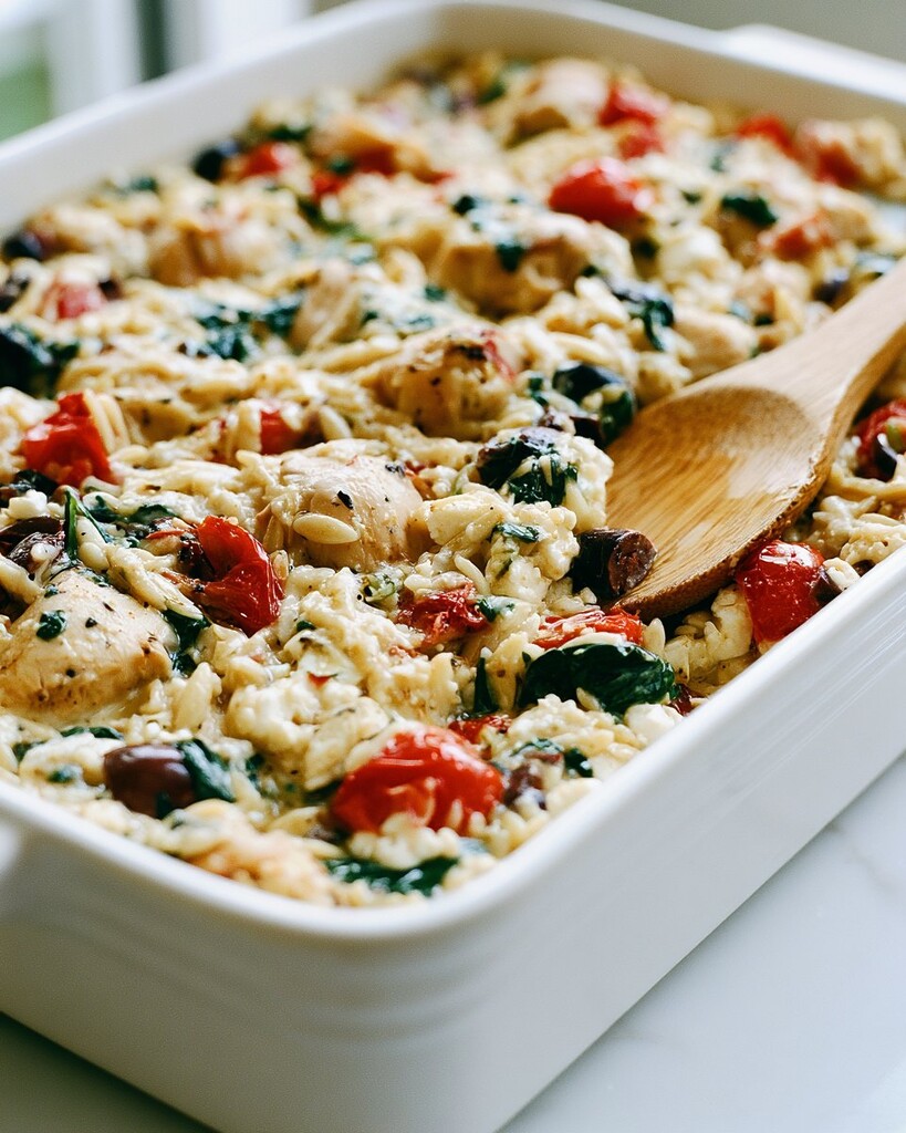 Creamy cooked orzo, chicken, and cherry tomatoes in a white baking dish with a wooden spoon