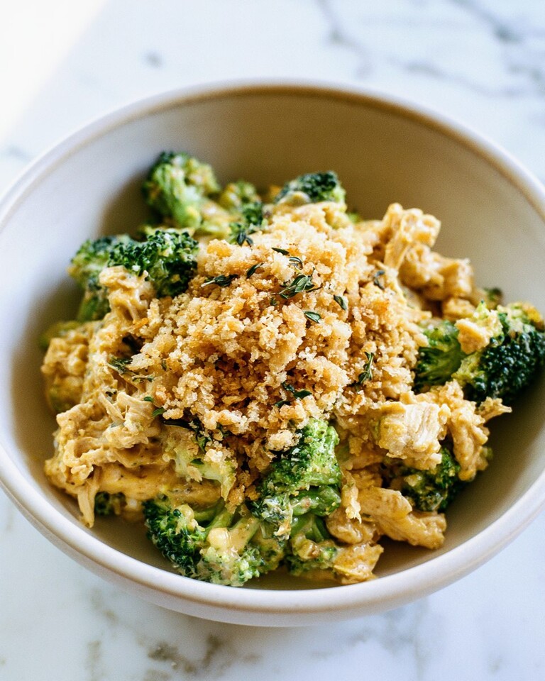 Slow Cooker Broccoli Cheddar Chicken with Crispy Garlic Panko A shallow bowl of creamy chicken and broccoli in a thick cheddar sauce, topped with golden toasted panko and fresh thyme leaves