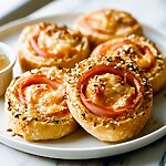 30-Minute Everything Bagel Ham and Cheese Pinwheels Golden baked everything bagel ham and cheese pinwheels with clear spiral layers on a white plate