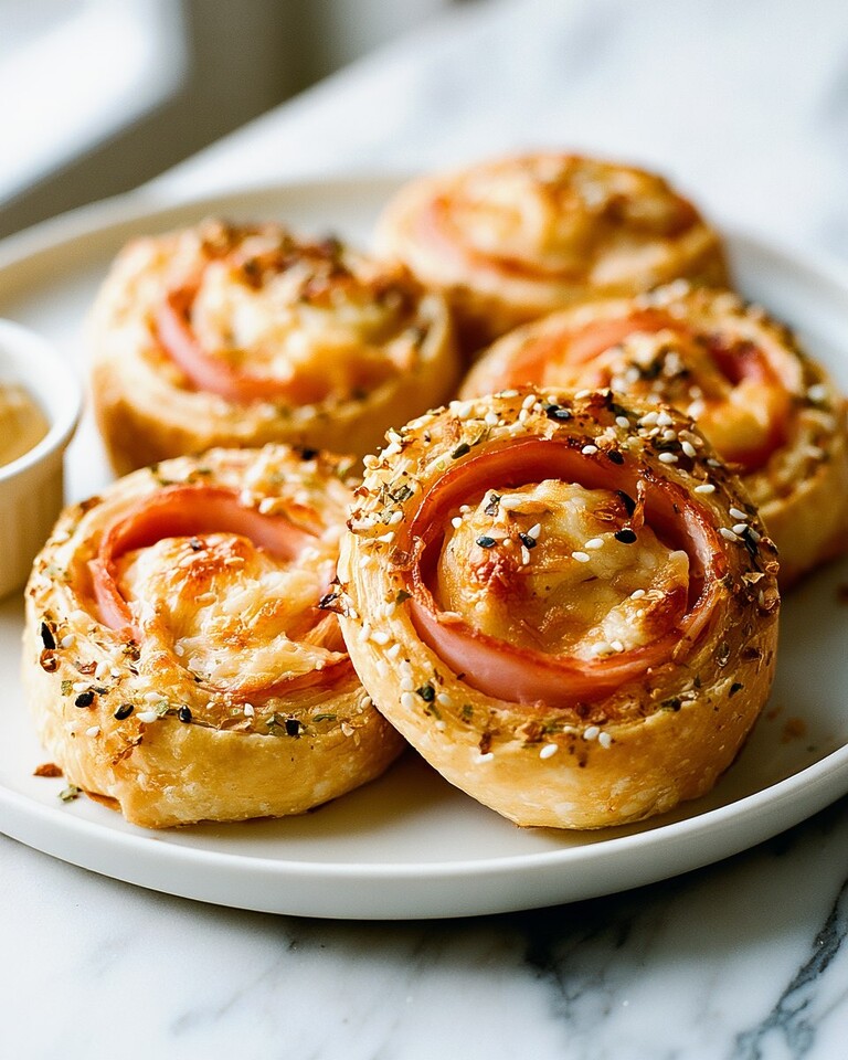 30-Minute Everything Bagel Ham and Cheese Pinwheels Golden baked everything bagel ham and cheese pinwheels with clear spiral layers on a white plate