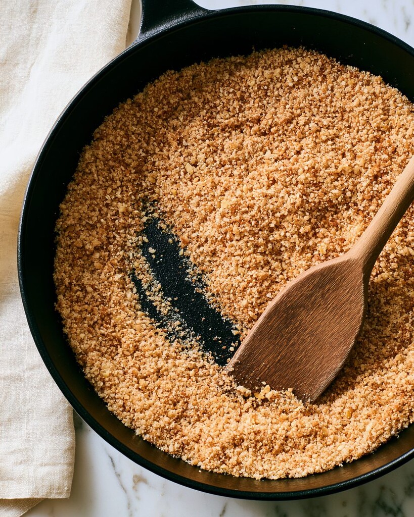 Golden toasted panko breadcrumbs resting in a black skillet