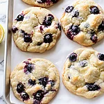 Lemon Blueberry Cookies (No Chill) Thick lemon blueberry cookies with a sparkling sugar crust and visible blueberries resting on a baking sheet