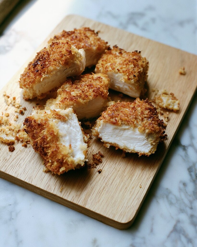 Crispy breaded chicken pieces cut open on a wooden board showing white meat inside a golden coating