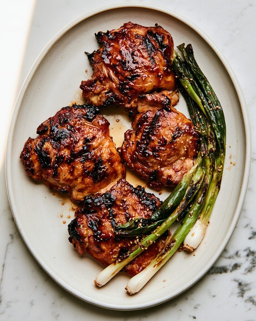 Plated huli huli chicken thighs on a light background with charred scallions and sesame seeds