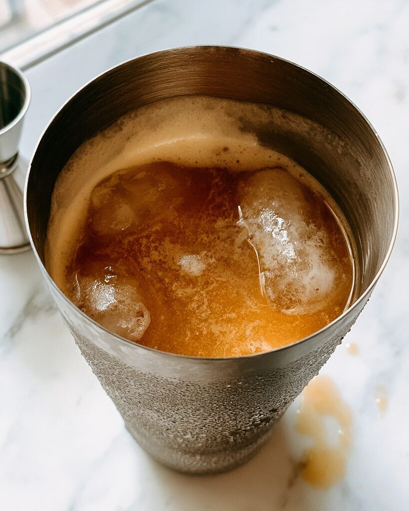 An open metal cocktail shaker filled with ice and a pale amber liquid showing a light layer of foam on top