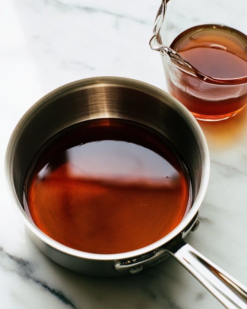 Apple cider boiling down to a dark amber syrup in a small metal saucepan